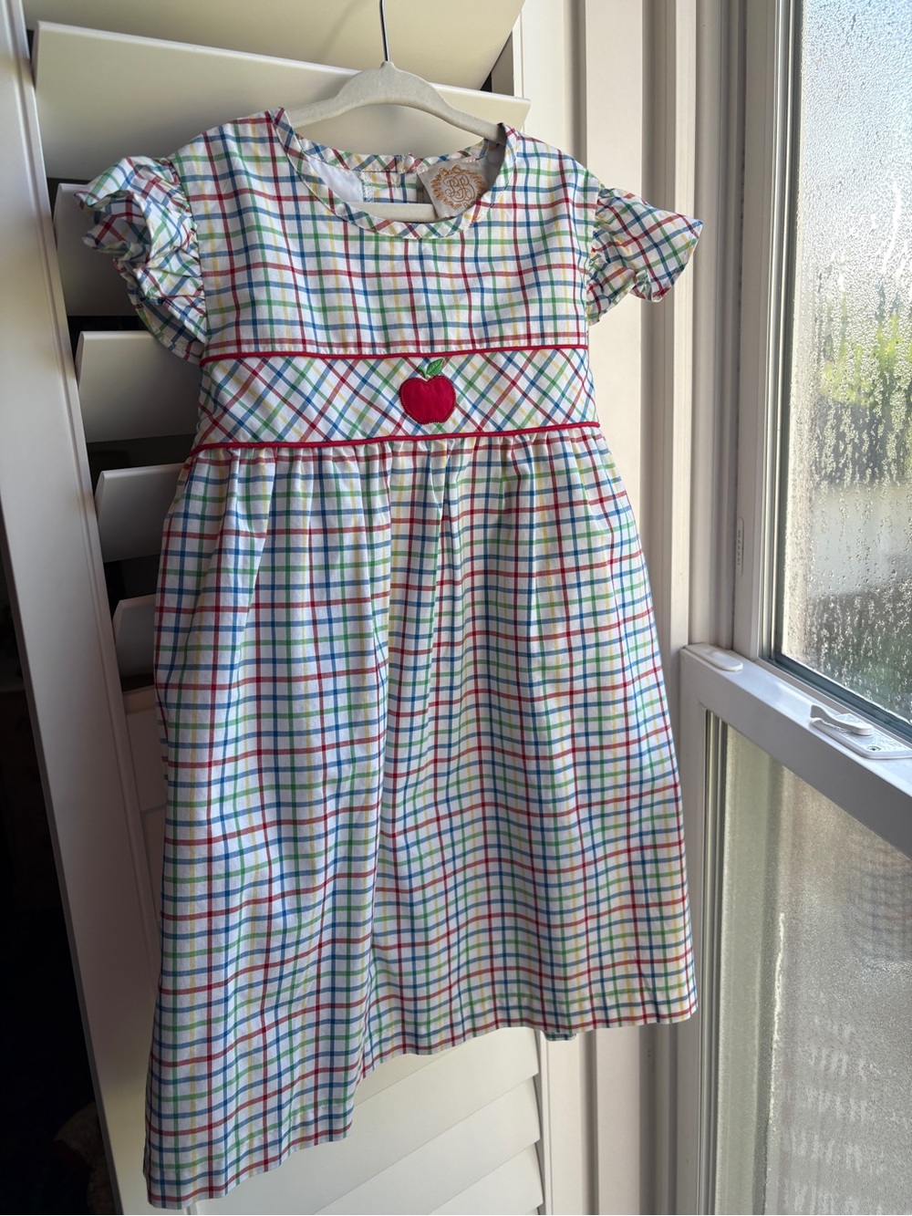 The Beaufort Bonnet Company White Plaid Dress with Red Apple Accent